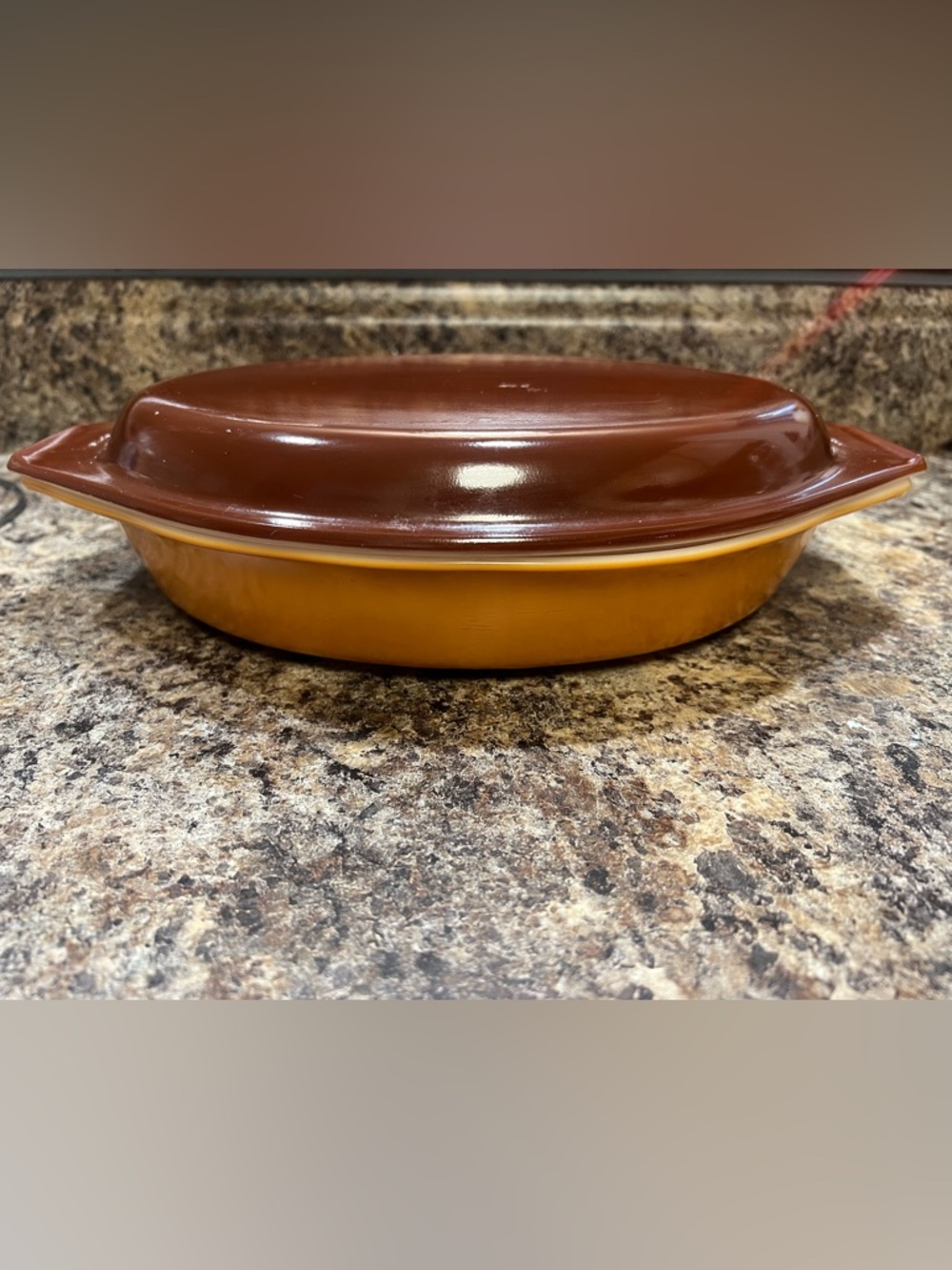 Pyrex Two-Piece Covered Casserole in Brown and Mustard